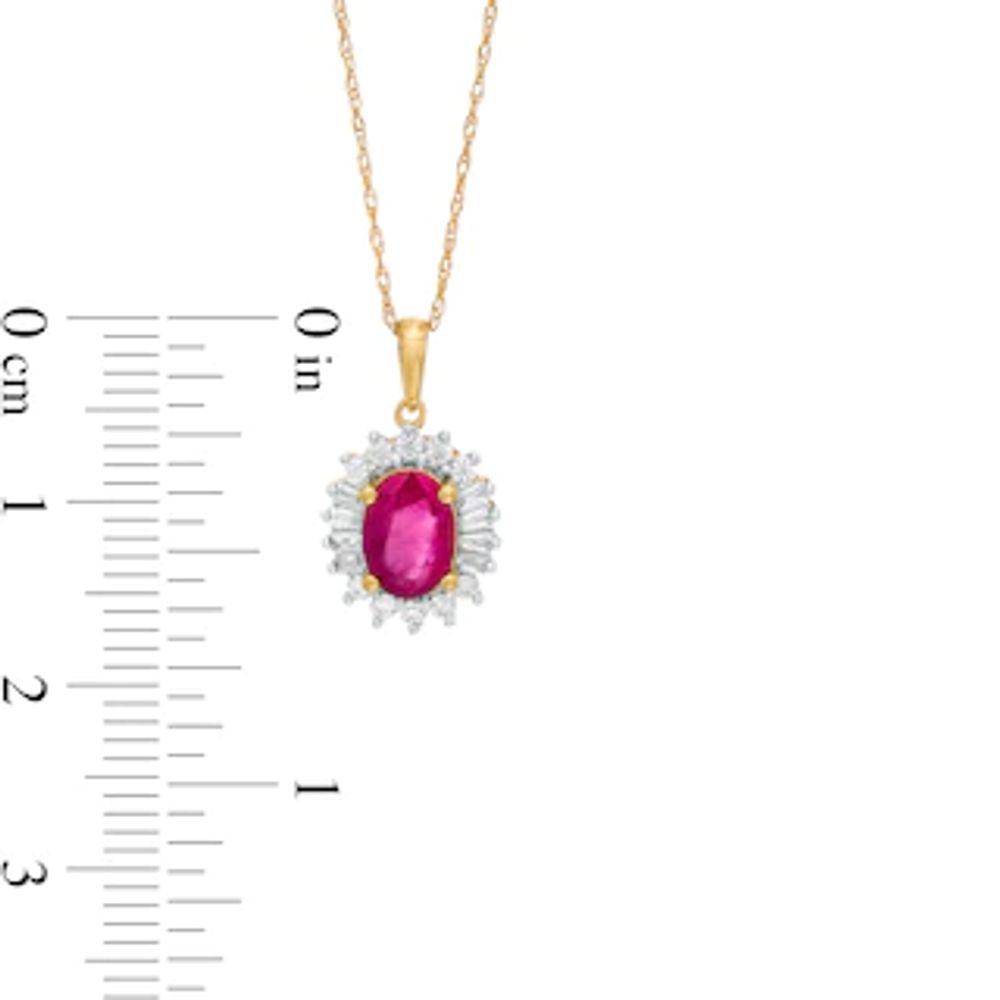 Oval Ruby and 0.20 CT. T.W. Baguette and Round Diamond Starburst Frame Pendant in 10K Gold|Peoples Jewellers