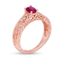 Oval Ruby and 0.05 CT. T.W. Diamond Scroll Open Shank Vintage-Style Ring in 10K Rose Gold|Peoples Jewellers