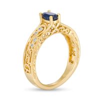 Oval Blue Sapphire and 0.05 CT. T.W. Diamond Scroll Open Shank Vintage-Style Ring in 10K Gold|Peoples Jewellers