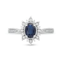 Oval Blue Sapphire and 0.10 CT. T.W. Diamond Sunburst Frame Vintage-Style Tapered Shank Ring in 10K White gold|Peoples Jewellers