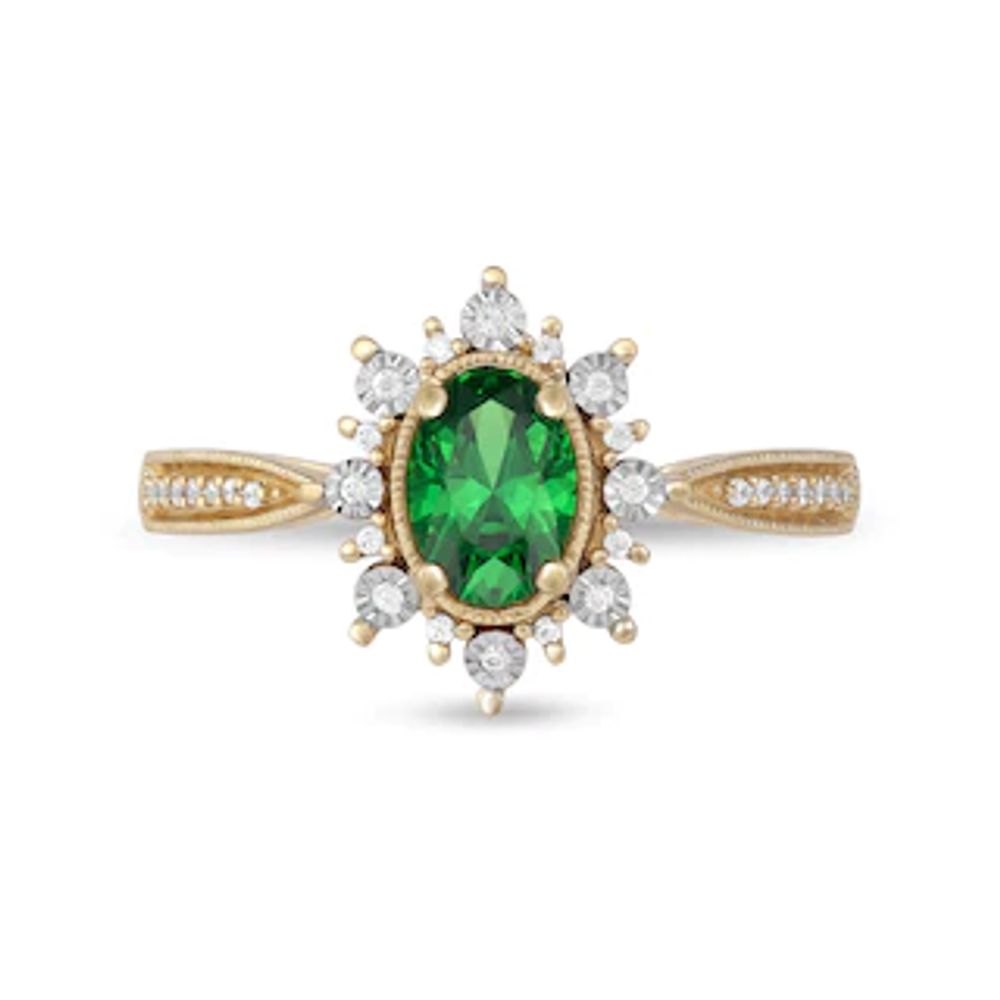 Oval Emerald and 0.10 CT. T.W. Diamond Sunburst Frame Vintage-Style Tapered Shank Ring in 10K Gold|Peoples Jewellers