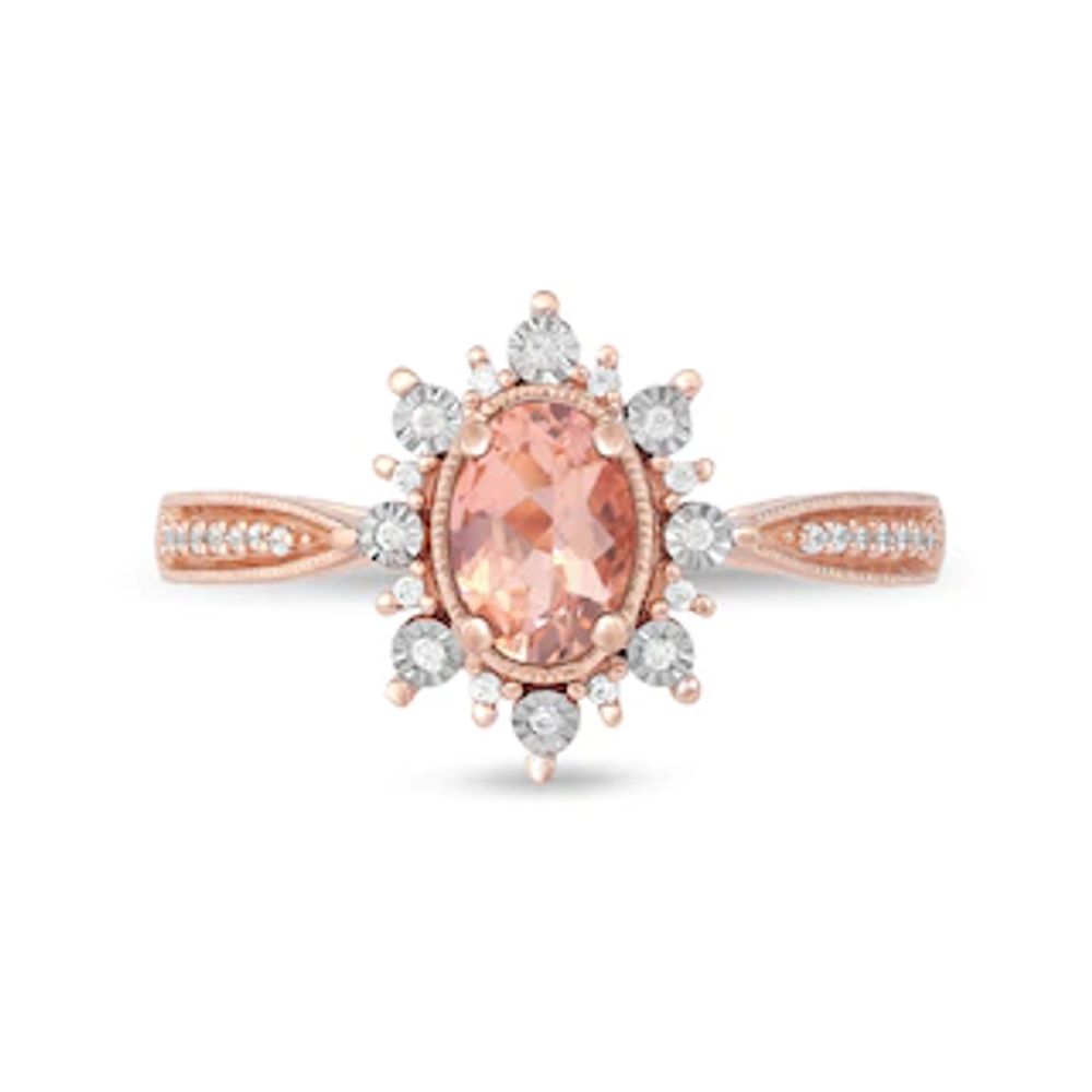 Oval Morganite and 0.10 CT. T.W. Diamond Sunburst Frame Vintage-Style Tapered Shank Ring in 10K Rose Gold|Peoples Jewellers