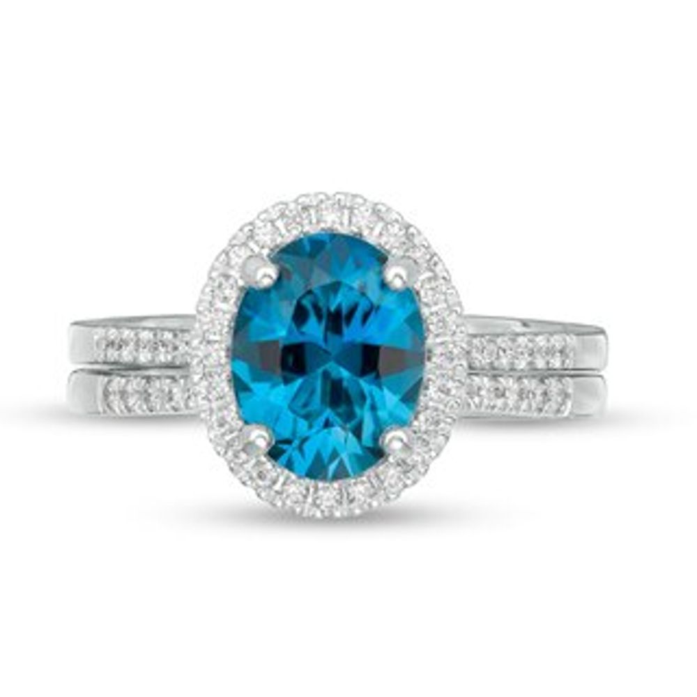 Oval London Blue Topaz and 0.31 CT. T.W. Diamond Frame Bridal Set in 14K White Gold|Peoples Jewellers