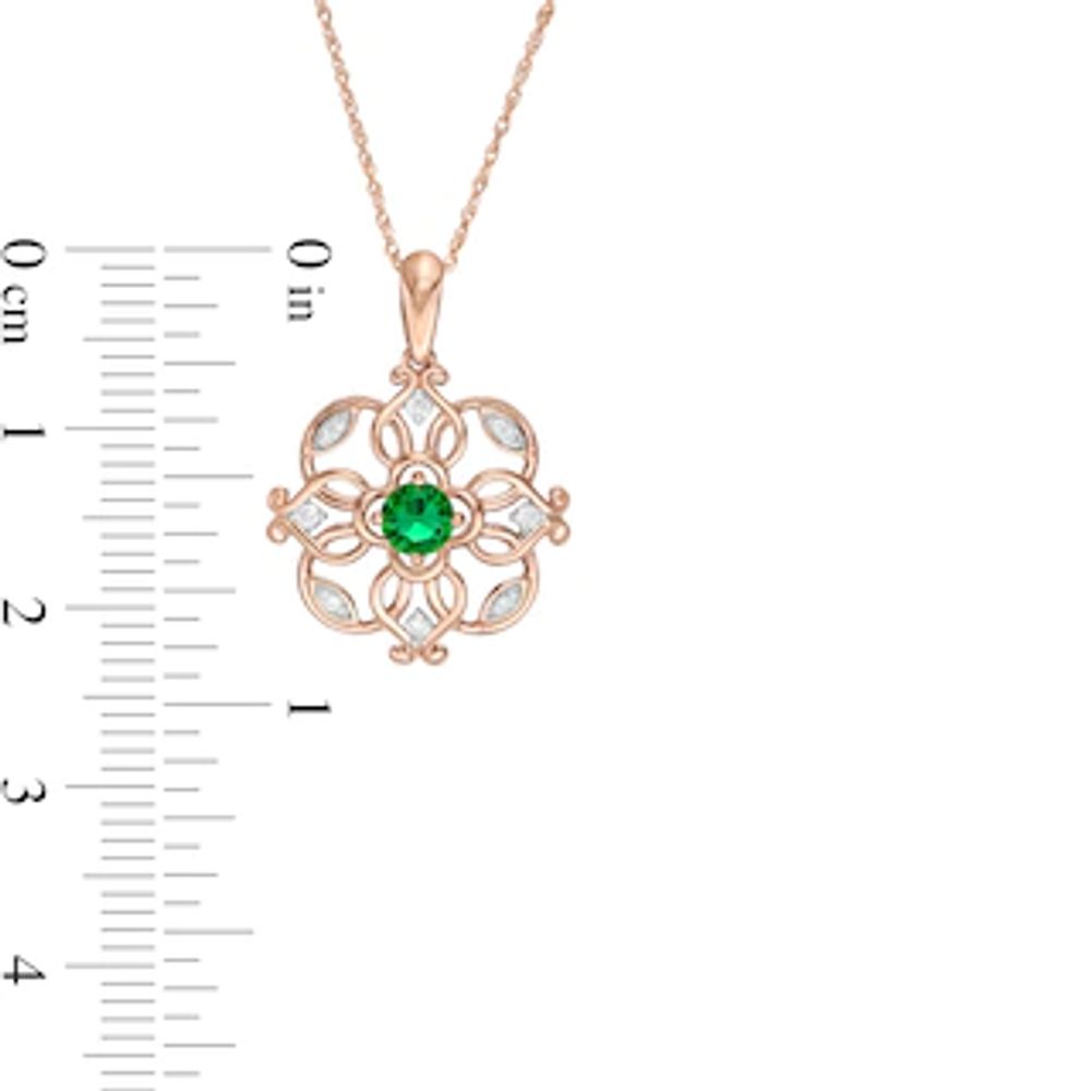 4.0mm Lab-Created Emerald and 0.04 CT. T.W. Diamond Filigree Clover Pendant in 10K Rose Gold|Peoples Jewellers