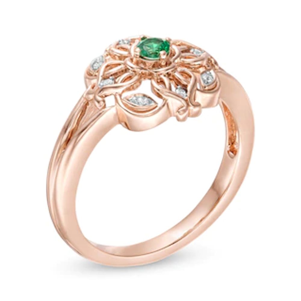 3.0mm Lab-Created Emerald and Diamond Accent Filigree Clover Split Shank Ring in 10K Rose Gold|Peoples Jewellers