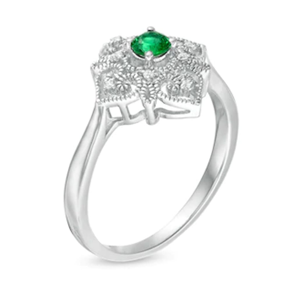 3.5mm Lab-Created Emerald and Diamond Accent Filigree Heart Vintage-Style Kite Ring in Sterling Silver|Peoples Jewellers