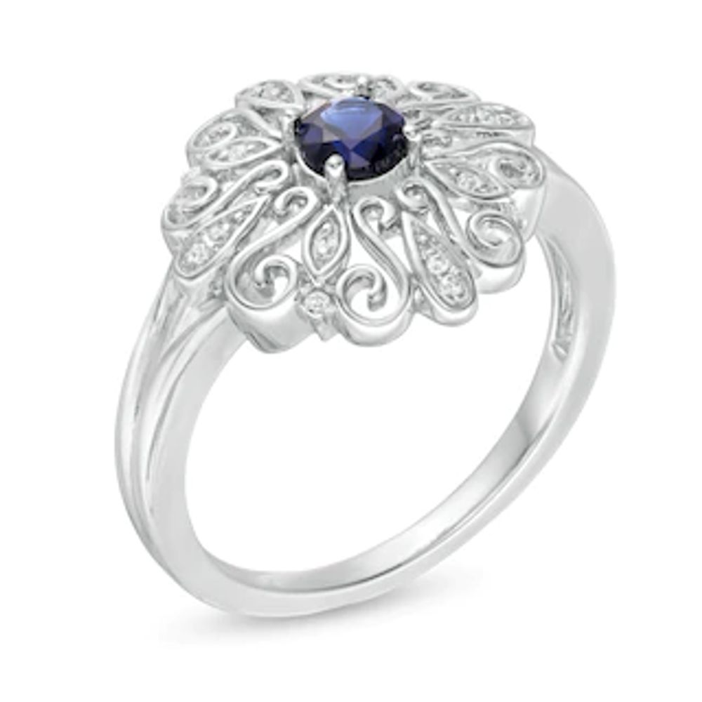 4.0mm Lab-Created Blue Sapphire and Diamond Accent Filigree Scroll Split Shank Ring in Sterling Silver|Peoples Jewellers