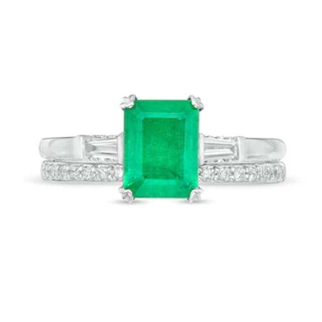 Emerald-Cut Emerald and 0.32 CT. T.W. Diamond Collar Bridal Set in 14K White Gold|Peoples Jewellers