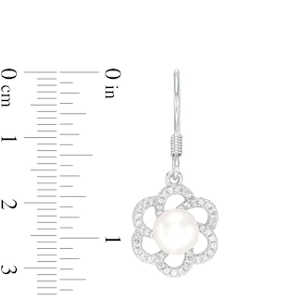 6.5-7.0mm Button Freshwater Cultured Pearl and Lab-Created White Sapphire Flower Drop Earrings in Sterling Silver|Peoples Jewellers