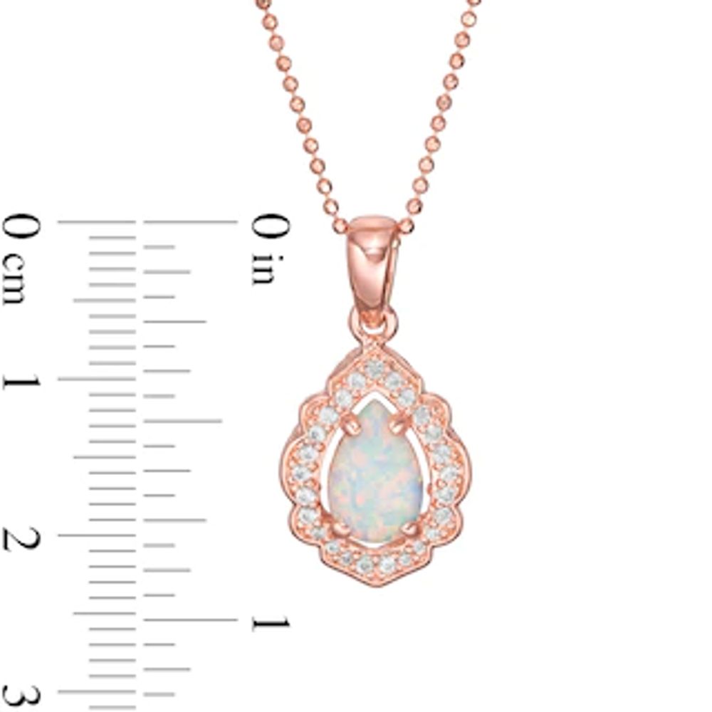 Pear-Shaped Lab-Created Opal and White Sapphire Scallop Frame Pendant in Sterling Silver with 18K Rose Gold Plate|Peoples Jewellers