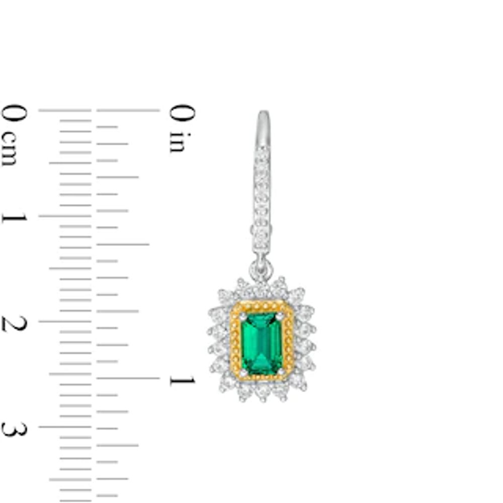 Emerald-Cut Lab-Created Emerald and White Sapphire Sunburst Frame Drop Earrings in Sterling Silver with 14K Gold Plate|Peoples Jewellers