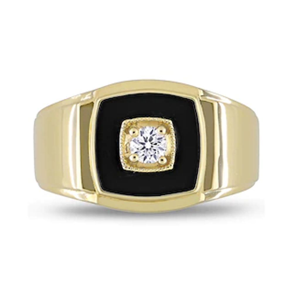 Men's 10.0mm Cushion-Cut Onyx and Lab-Created White Sapphire Stepped Edge Ring in Sterling Silver with Yellow Rhodium|Peoples Jewellers