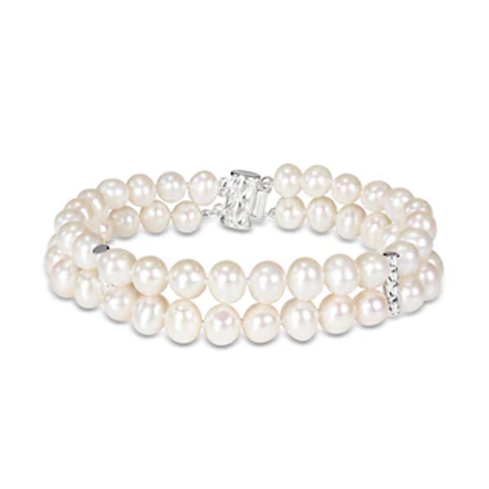 6.5-7.0mm Cultured Freshwater Pearl Barrel Station Double Strand Bracelet in Sterling Silver - 7.5"|Peoples Jewellers