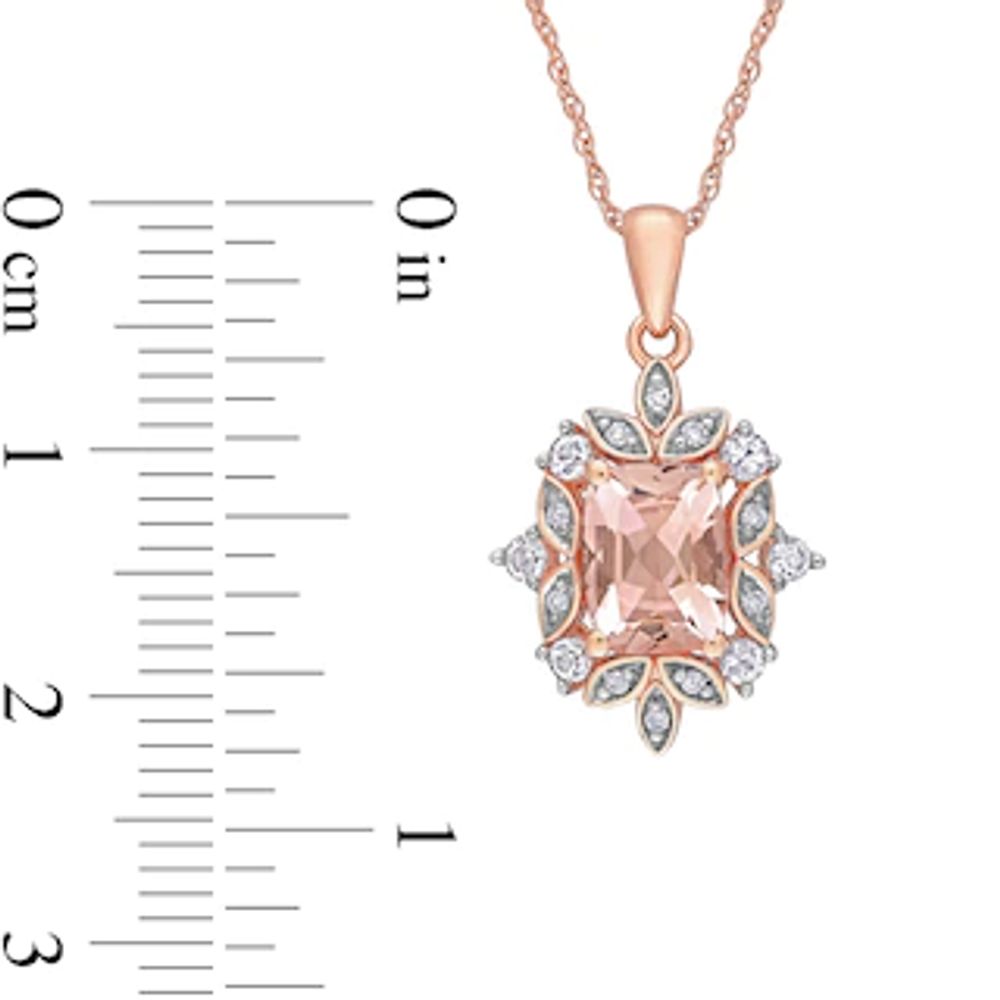 Cushion-Cut Morganite, White Sapphire and 0.05 CT. T.W. Diamond Ornate Leaf Frame Pendant in 10K Rose Gold - 17"|Peoples Jewellers