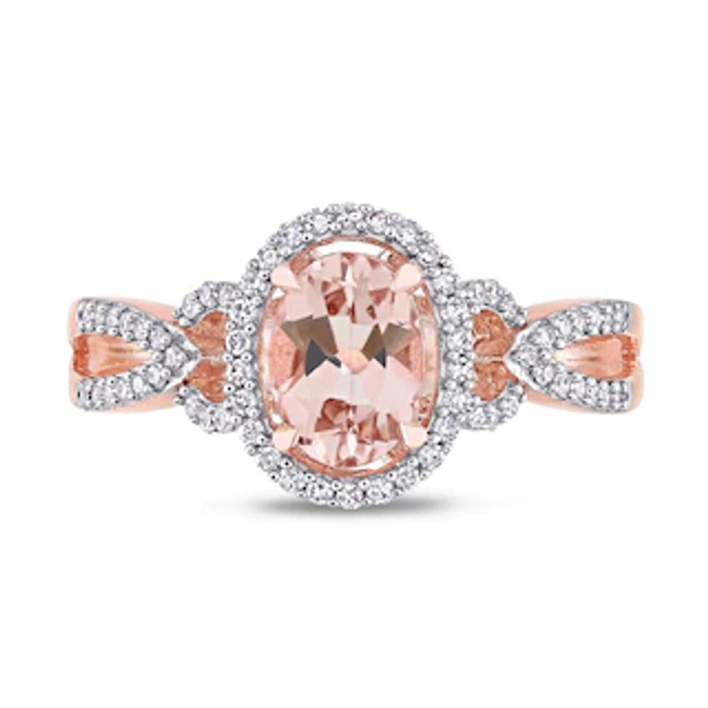 Oval Morganite and 0.19 CT. T.W. Diamond Frame Pointed Split Shank Buckle Ring in 14K Rose Gold|Peoples Jewellers