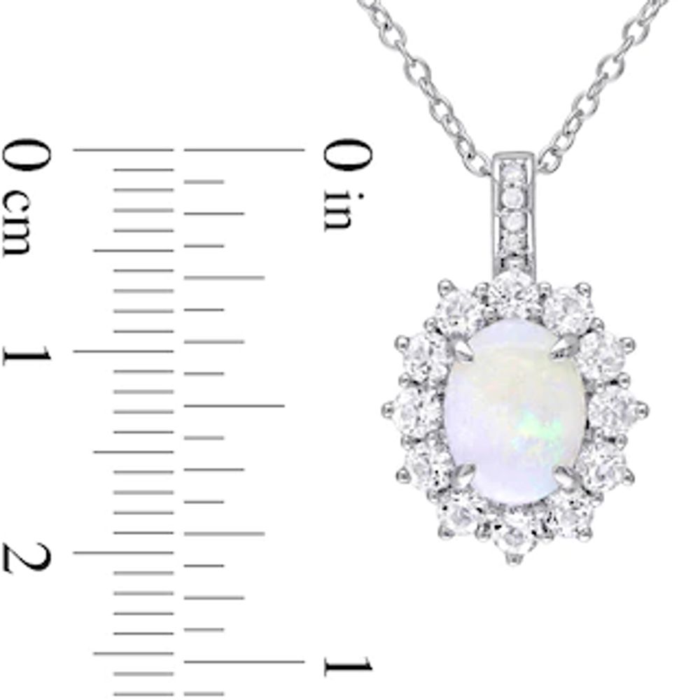 Oval Opal, White Topaz and Diamond Accent Starburst Frame Drop Pendant in Sterling Silver|Peoples Jewellers