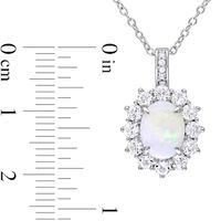 Oval Opal, White Topaz and Diamond Accent Starburst Frame Drop Pendant in Sterling Silver|Peoples Jewellers