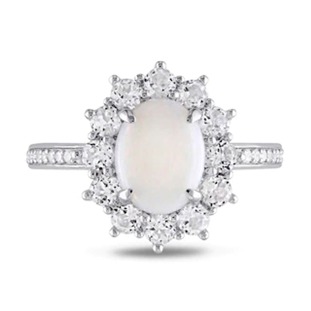 Oval Opal, White Topaz and 0.10 CT. T.W. Diamond Starburst Frame Ring in Sterling Silver|Peoples Jewellers