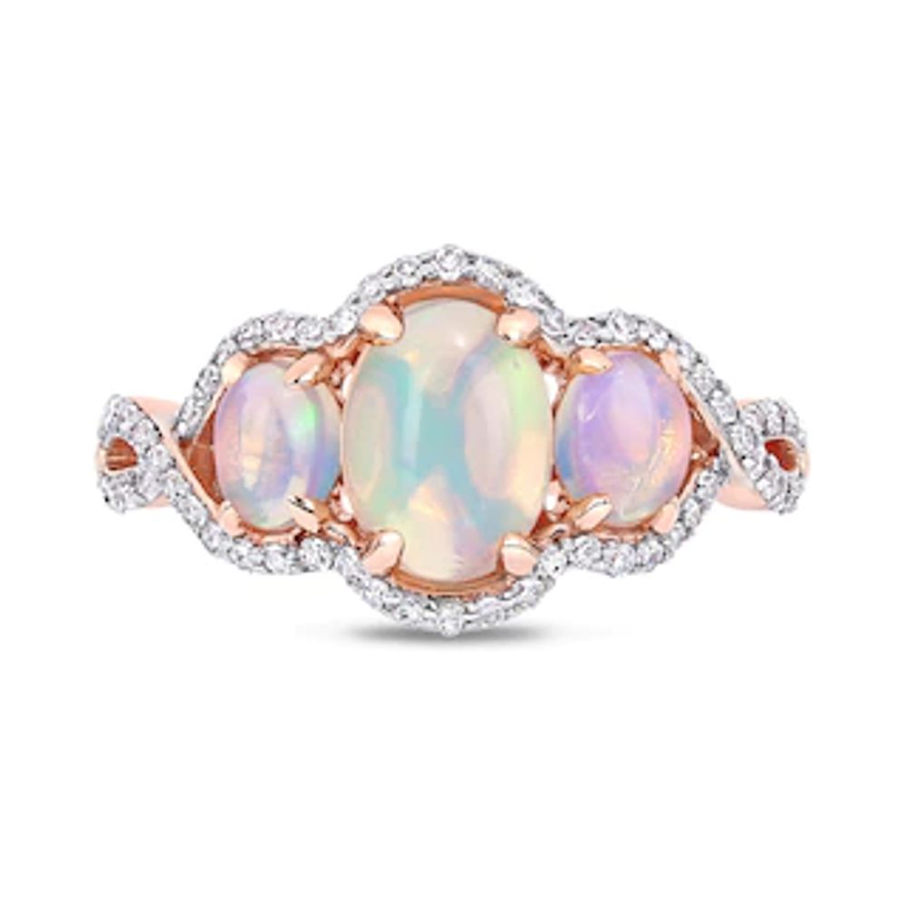 Oval Cabochon Opal and 0.31 CT. T.W. Diamond Frame Three Stone Twist Shank Ring in 10K Rose Gold|Peoples Jewellers