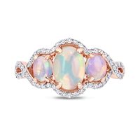 Oval Cabochon Opal and 0.31 CT. T.W. Diamond Frame Three Stone Twist Shank Ring in 10K Rose Gold|Peoples Jewellers