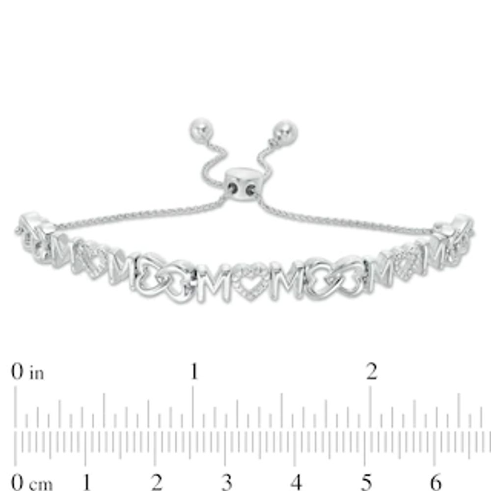 0.09 CT. T.W. Diamond Continuous "MOM" with Hearts Bolo Bracelet in Sterling Silver - 9.5"|Peoples Jewellers