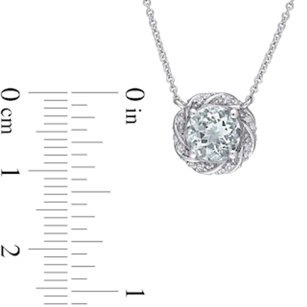 7.0mm Aquamarine and 0.12 CT. T.W. Diamond Swirl Frame Necklace in 10K White Gold - 17"|Peoples Jewellers