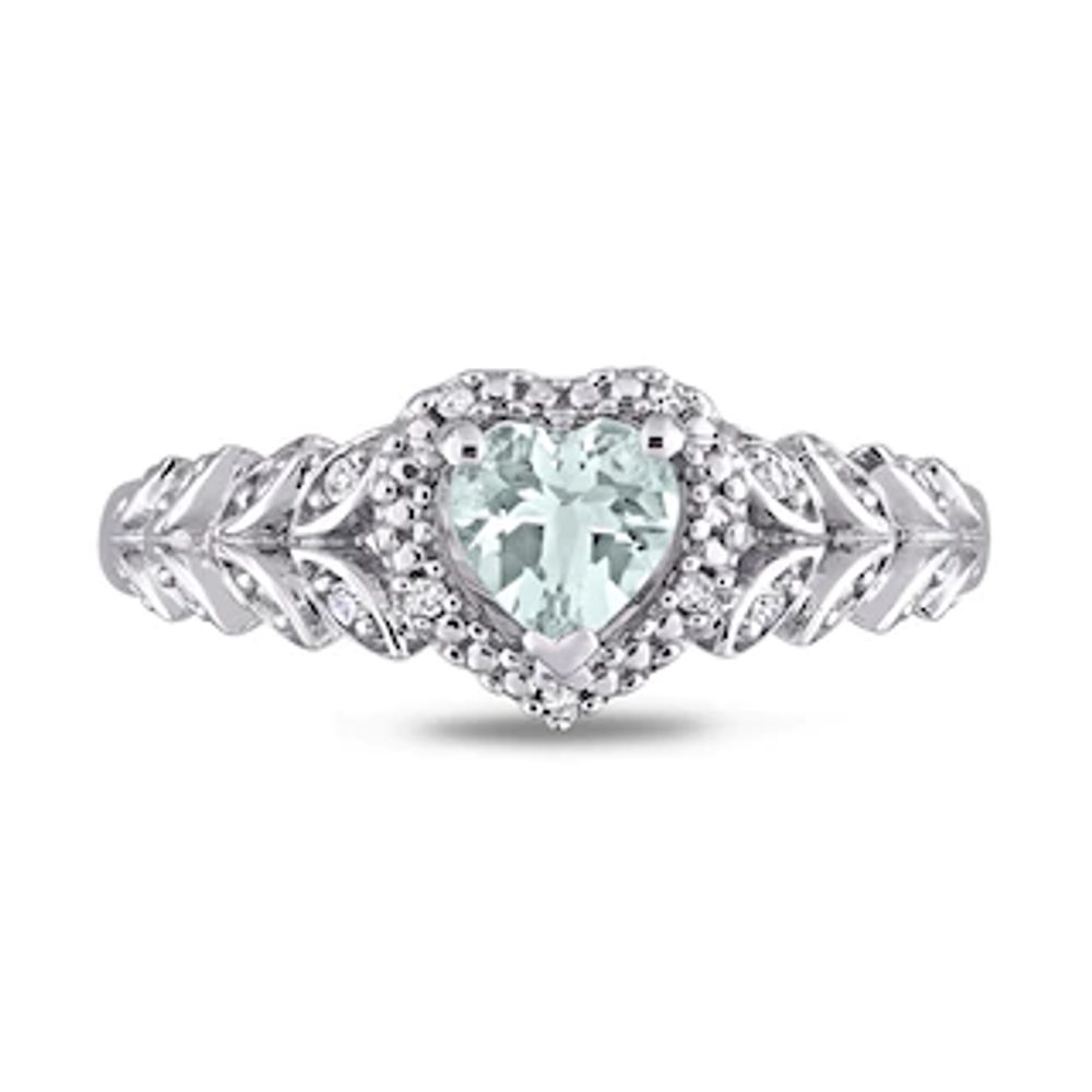5.0mm Heart-Shaped Aquamarine and 0.05 CT. T.W. Diamond Bead Frame Leaf Shank Ring in 10K White Gold|Peoples Jewellers
