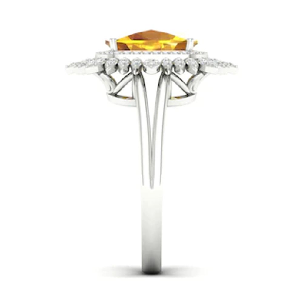 Cushion-Cut Citrine and White Topaz Frame Split Shank Sunflower Ring in 10K White Gold|Peoples Jewellers
