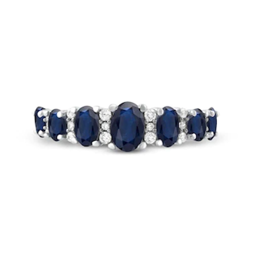 Oval Blue Sapphire and 0.15 CT. T.W. Diamond Graduated Seven Stone Alternating Trios Ring in 10K White Gold|Peoples Jewellers