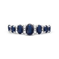 Oval Blue Sapphire and 0.15 CT. T.W. Diamond Graduated Seven Stone Alternating Trios Ring in 10K White Gold|Peoples Jewellers