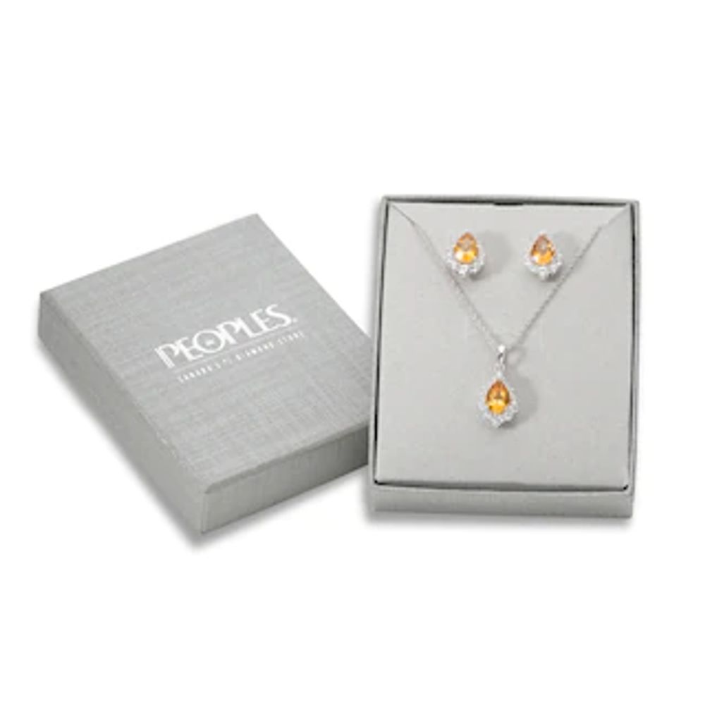 Pear-Shaped Citrine and Lab-Created White Sapphire Frame Pendant and Stud Earrings Set in Sterling Silver|Peoples Jewellers