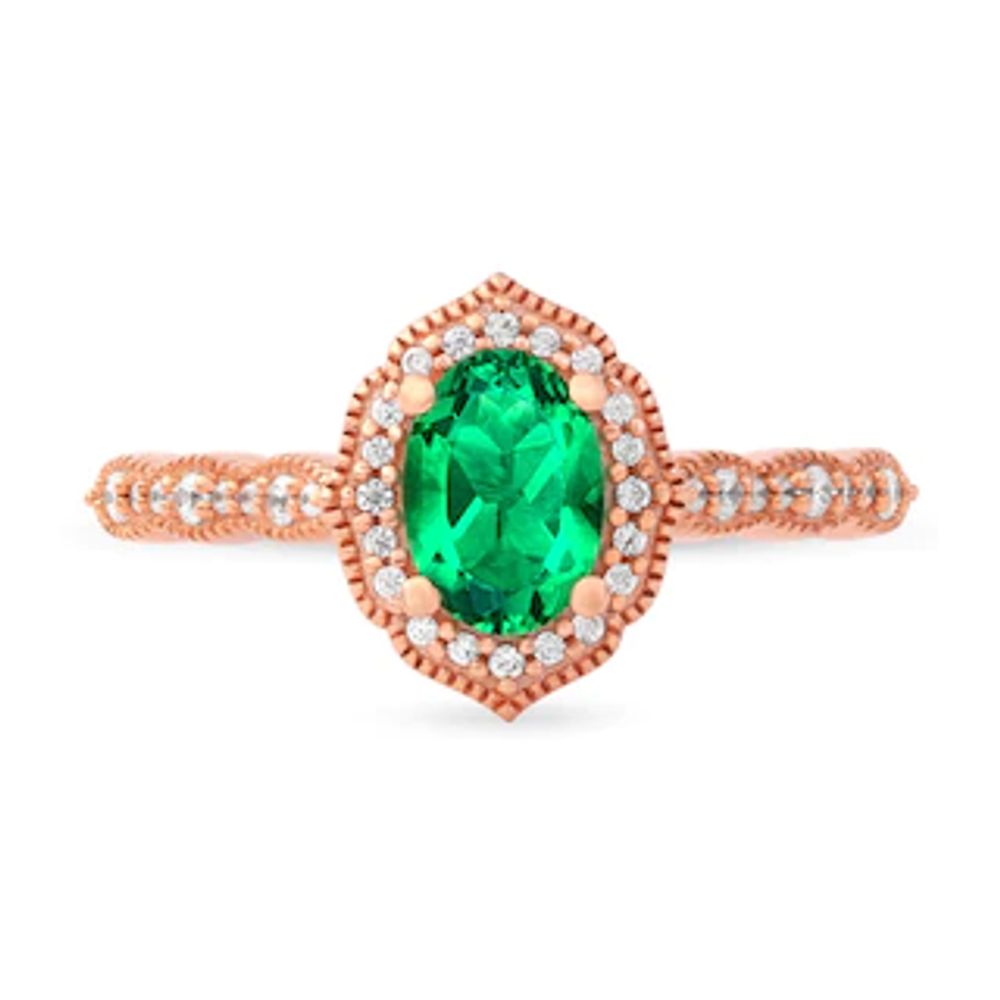 Oval Emerald and 0.16 CT. T.W. Diamond Quatrefoil Frame Vintage-Style Ring in 10K Rose Gold|Peoples Jewellers