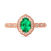 Oval Emerald and 0.16 CT. T.W. Diamond Quatrefoil Frame Vintage-Style Ring in 10K Rose Gold|Peoples Jewellers