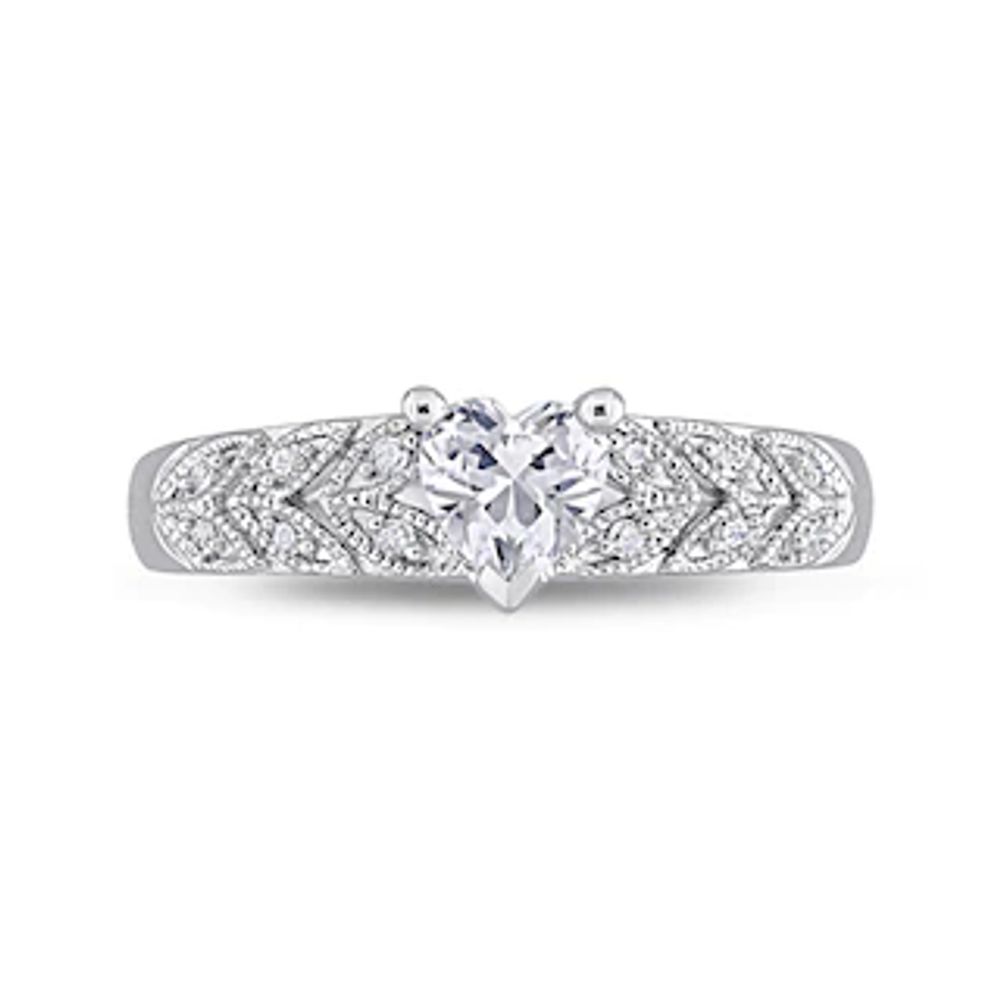 5.0mm Heart-Shaped Lab-Created White Sapphire and 0.06 CT. T.W. Diamond Leaf-Sides Vintage-Style Ring in Sterling Silver|Peoples Jewellers