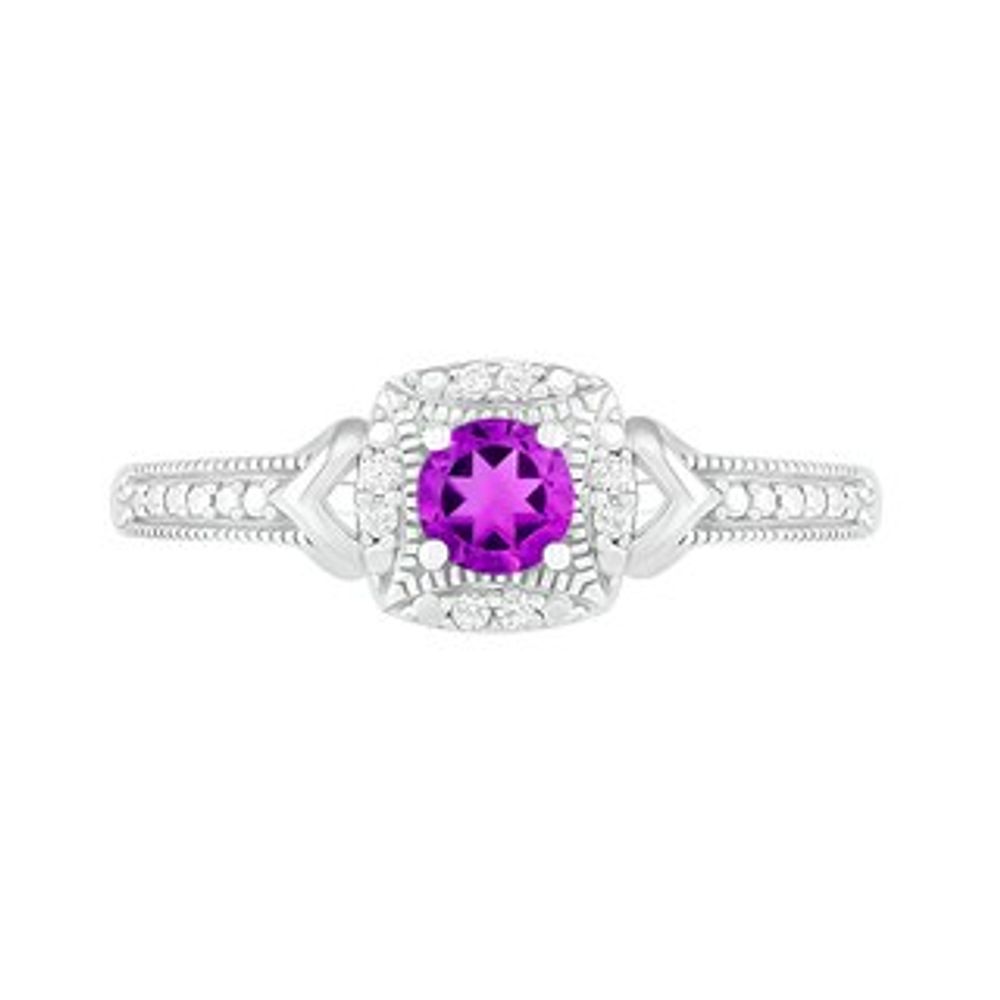 4.0mm Amethyst and 0.04 CT. T.W. Diamond Cushion Frame Chevron Side Accent Vintage-Style Ring in Sterling Silver|Peoples Jewellers