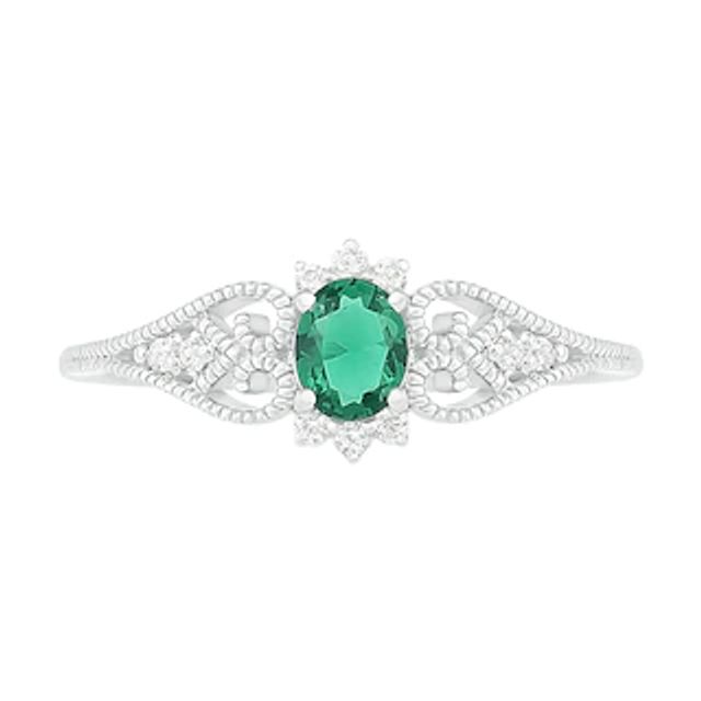 Oval Lab-Created Emerald and White Sapphire Border Filigree Heart Split Shank Vintage-Style Ring in Sterling Silver|Peoples Jewellers