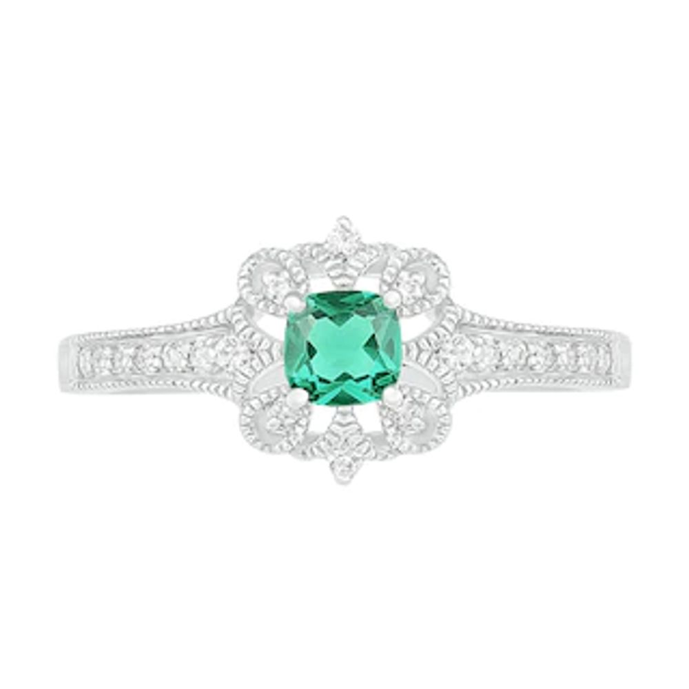 4.0mm Cushion-Cut Lab-Created Emerald and White Sapphire Clover Frame Vintage-Style Ring in Sterling Silver|Peoples Jewellers