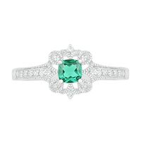 4.0mm Cushion-Cut Lab-Created Emerald and White Sapphire Clover Frame Vintage-Style Ring in Sterling Silver|Peoples Jewellers