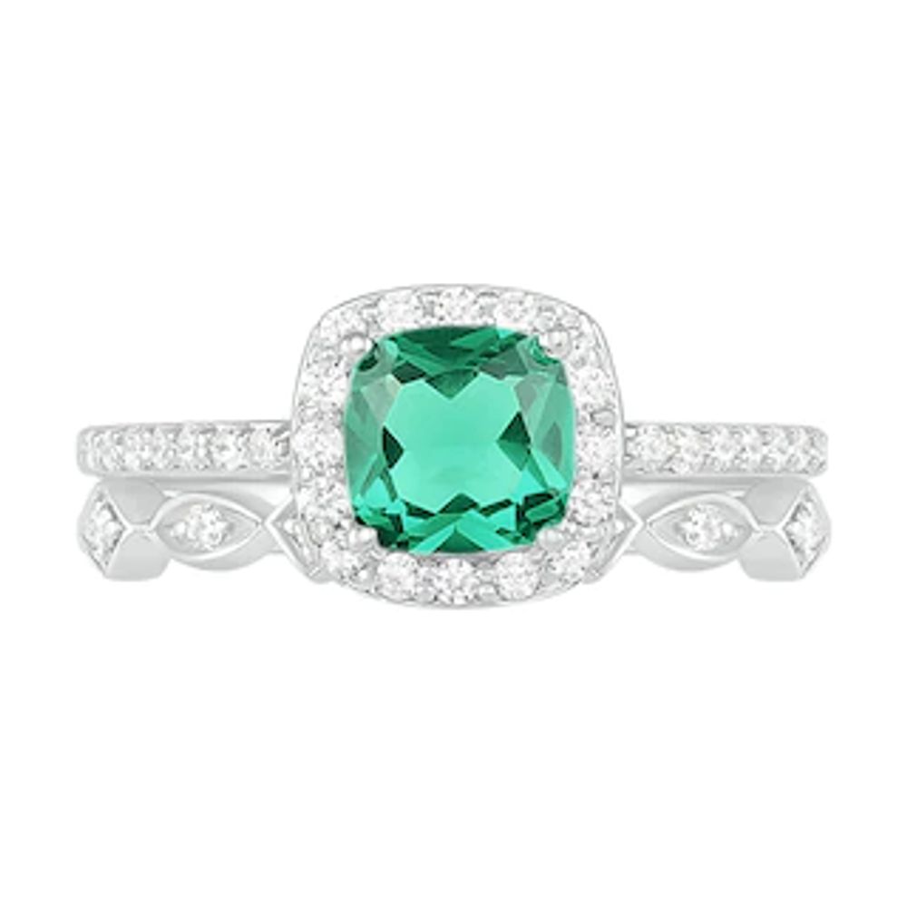 6.0mm Cushion-Cut Lab-Created Emerald and 0.23 CT. T.W. Diamond Frame Art Deco Bridal Set in 10K White Gold|Peoples Jewellers