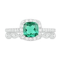 6.0mm Cushion-Cut Lab-Created Emerald and 0.23 CT. T.W. Diamond Frame Art Deco Bridal Set in 10K White Gold|Peoples Jewellers