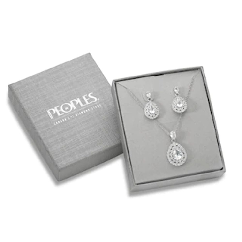 Pear-Shaped and Round Lab-Created White Sapphire Double Frame Drop Pendant and Drop Earrings Set in Sterling Silver|Peoples Jewellers