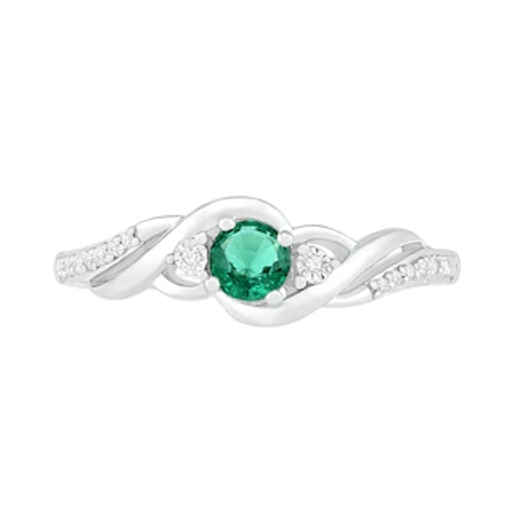 4.0mm Lab-Created Emerald and 0.04 CT. T.W. Diamond Bypass Frame Twist Shank Ring in Sterling Silver|Peoples Jewellers