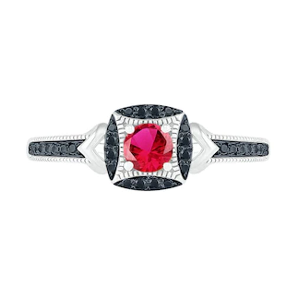 Lab-Created Ruby and 0.04 CT. T.W. Black Diamond Cushion Frame Chevron Vintage-Style Ring in Sterling Silver|Peoples Jewellers