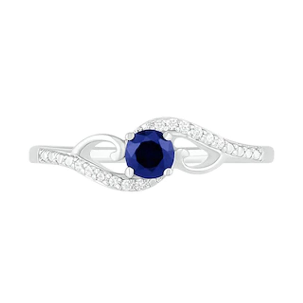 4.0mm Lab-Created Blue Sapphire and 0.04 CT. T.W. Diamond Bypass Split Shank Rolling Wave Ring in Sterling Silver|Peoples Jewellers