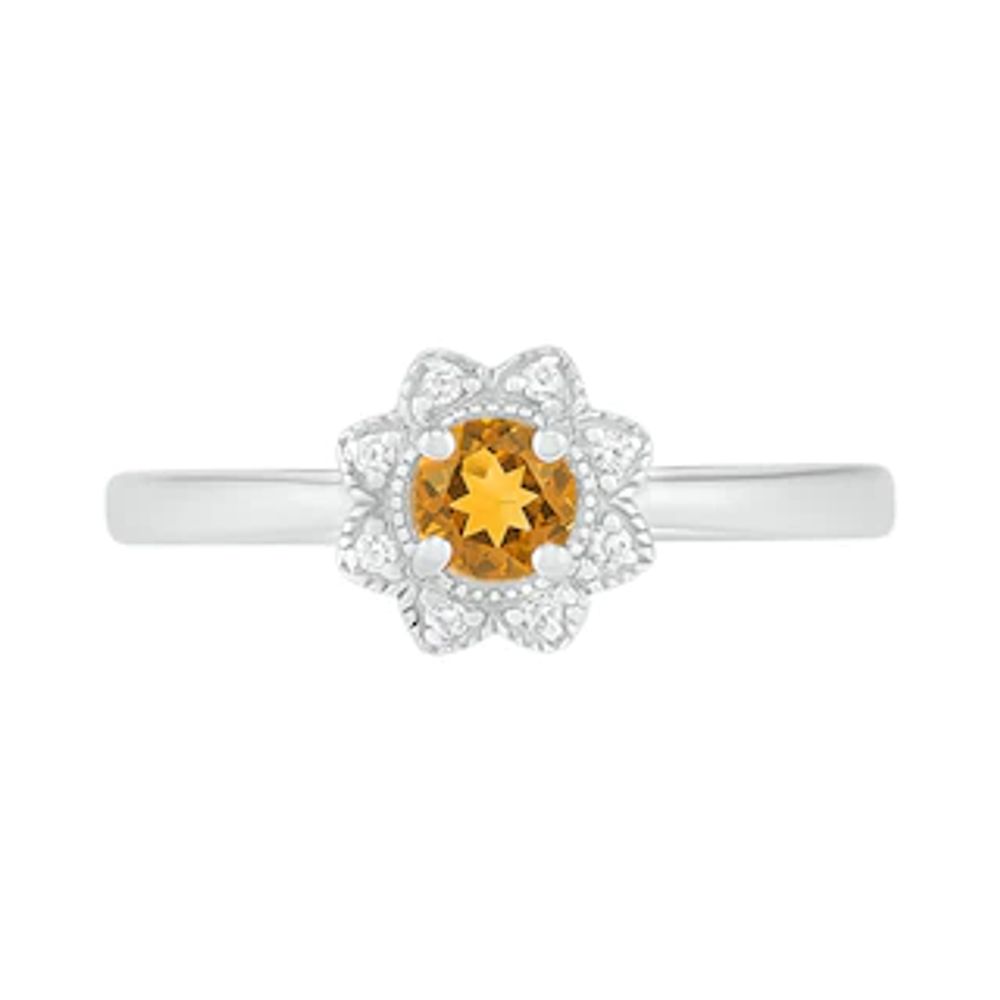 4.0mm Citrine and 0.04 CT. T.W. Diamond Vintage-Style Flower Ring in Sterling Silver|Peoples Jewellers