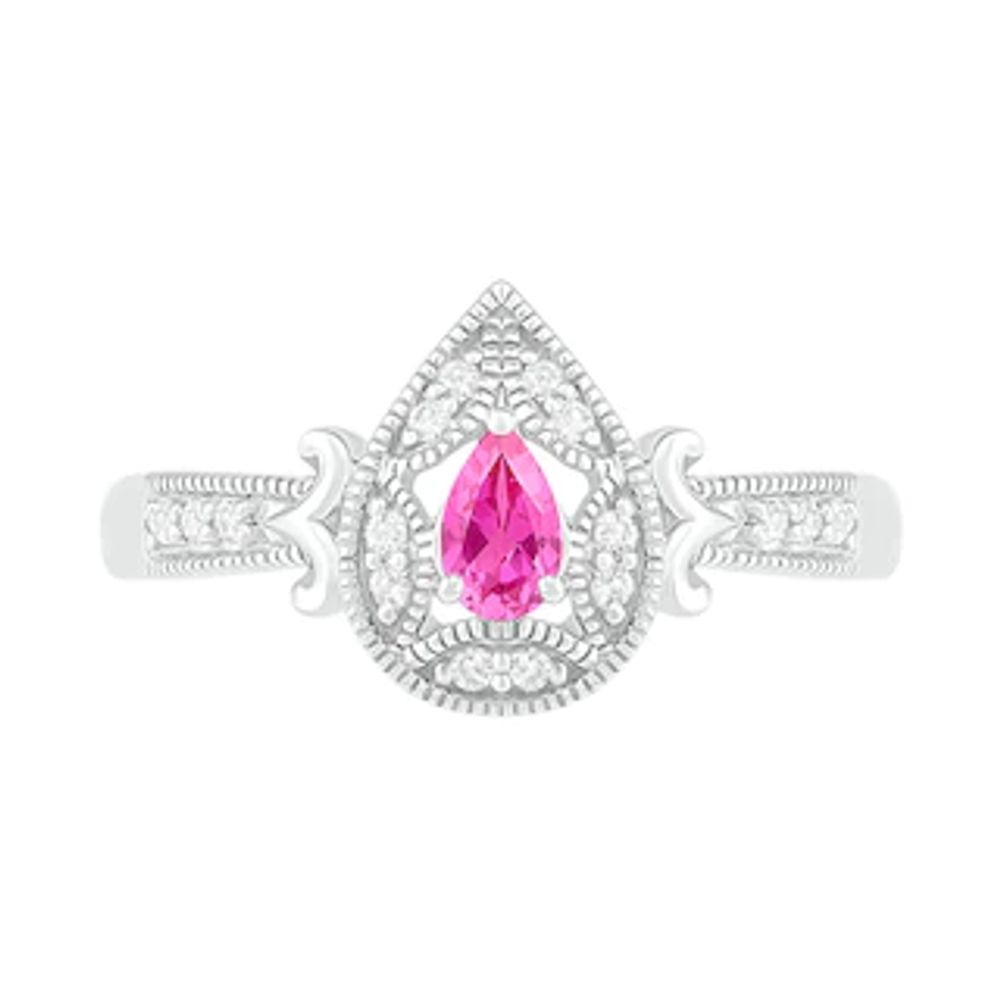 Pear-Shaped Lab-Created Pink and White Sapphire Frame Scrolling Tapered Shank Vintage-Style Ring in Sterling Silver|Peoples Jewellers