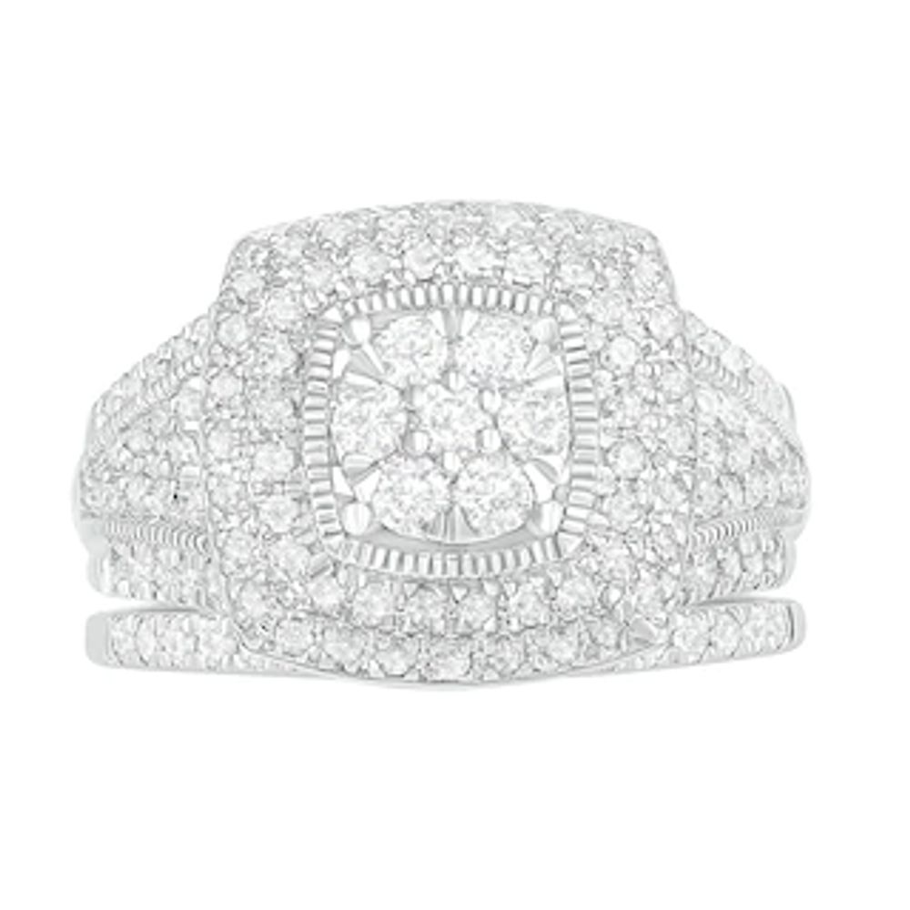 1.45 CT. T.W. Composite Diamond Cushion Frame Multi-Row Three Piece Bridal  Set in 10K Rose Gold