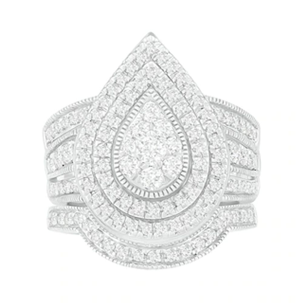 1.23 CT. T.W. Composite Pear Diamond Frame Multi-Row Vintage-Style Bridal Set in 10K White Gold|Peoples Jewellers