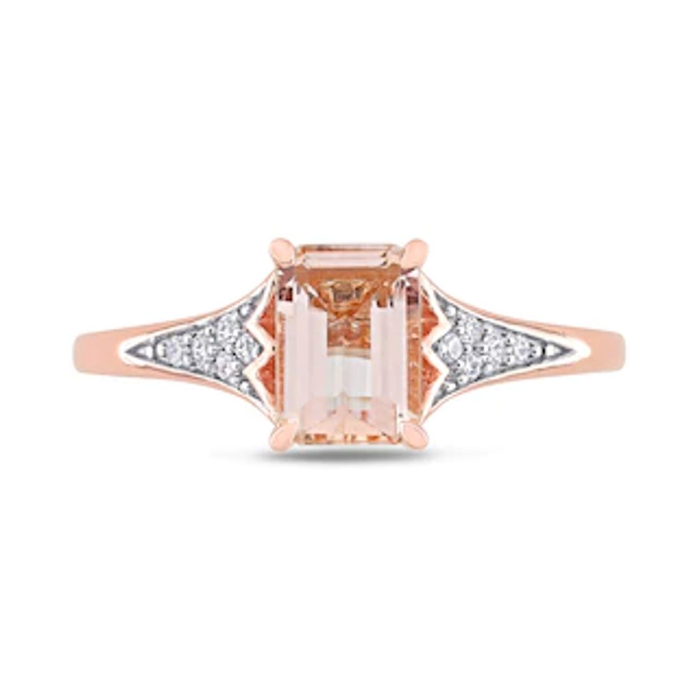 Emerald-Cut Morganite and 0.10 CT. T.W. Diamond Floral Shank Ring in 10K Rose Gold|Peoples Jewellers