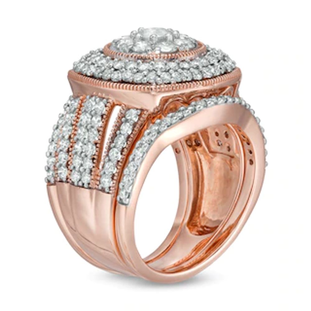 2.23 CT. T.W. Composite Diamond Cushion Frame Multi-Row Vintage-Style Three Piece Bridal Set in 10K Rose Gold|Peoples Jewellers